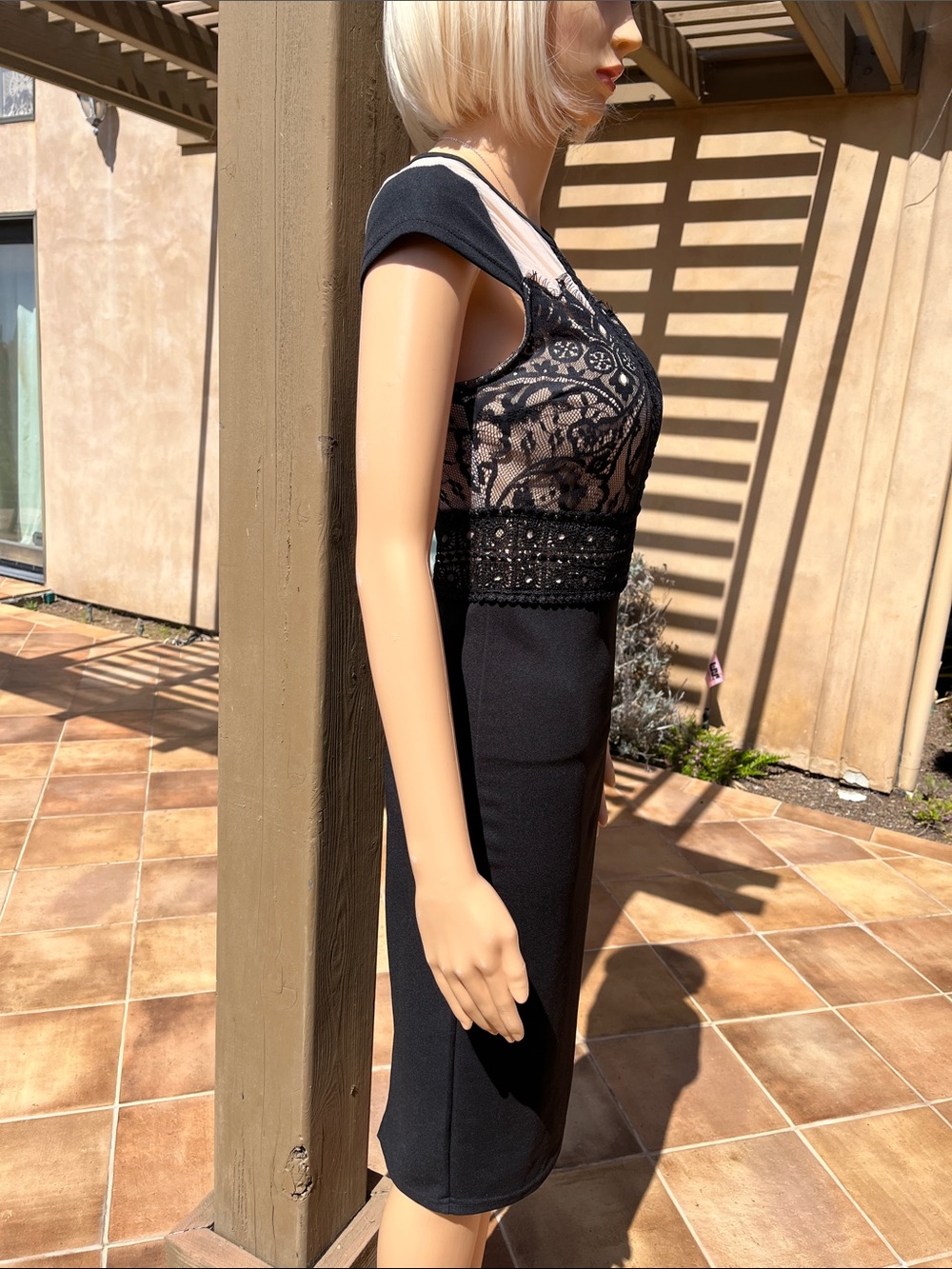 Black Lace Midi Dress with Sheer Illusion Bodice - Picture 3 of 7